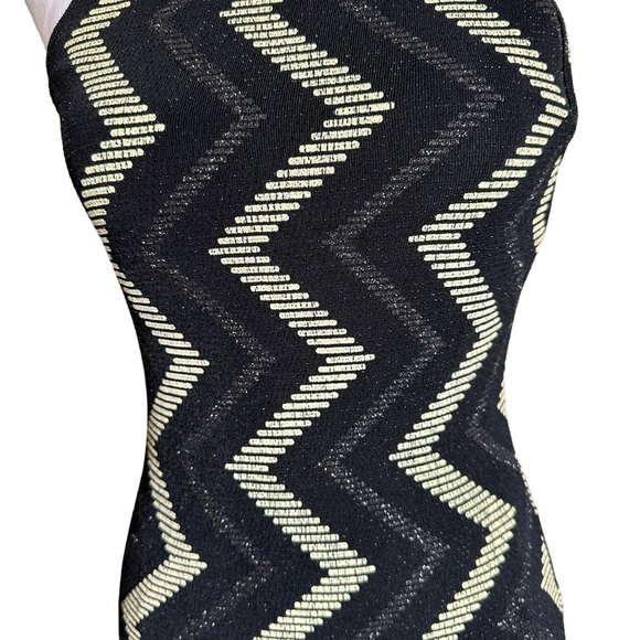 Lovely Day Black Cream Zigzag Print Sparkle Metallic Halter Midi Dress Size S - Picture 17 of 17